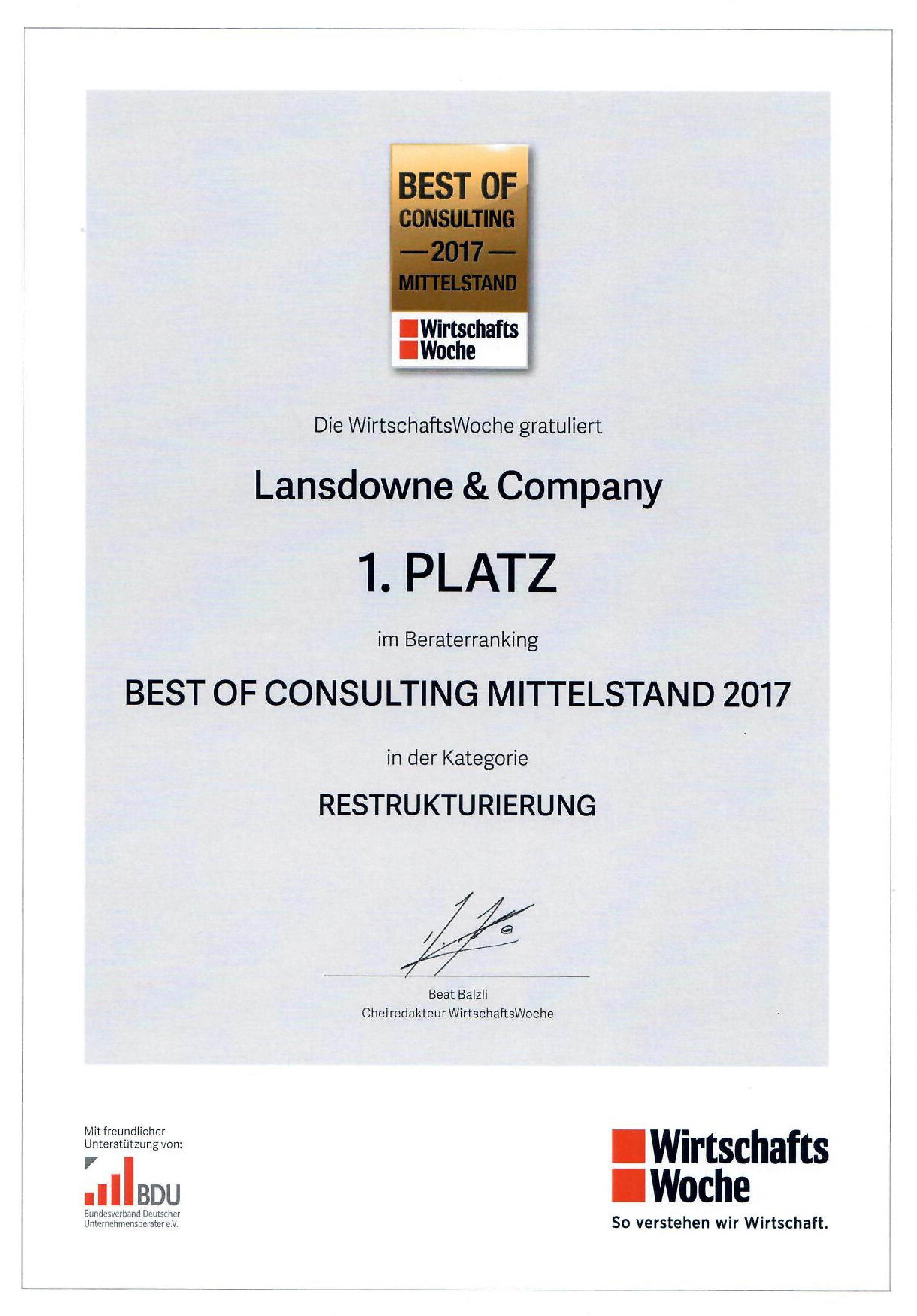 Lansdowne And Company Gewinnt Den Ersten Platz Im „Best Of Consulting Mittelstand“-Wettbewerb Der „WirtschaftsWoche“ In Der Kategorie Restrukturierung