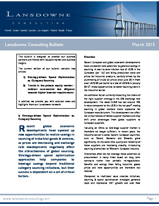 Lansdowne veröffentlicht neuen Bulletin zum Thema „Strategy-driven Spend Optimisation vs. Category Sourcing & trends in the private equity market“