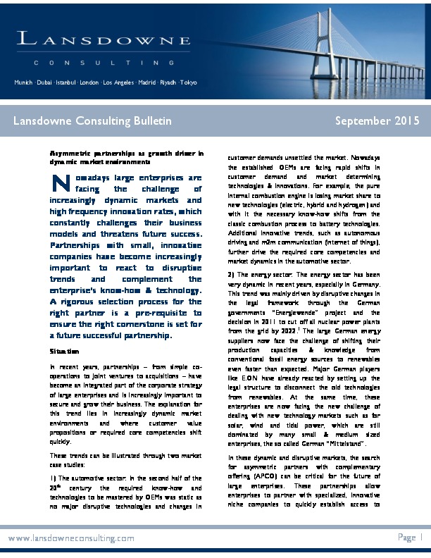 Lansdowne veröffentlicht neuen Bulletin zum Thema „Asymmetric partnerships as growth driver in dynamic market environments”